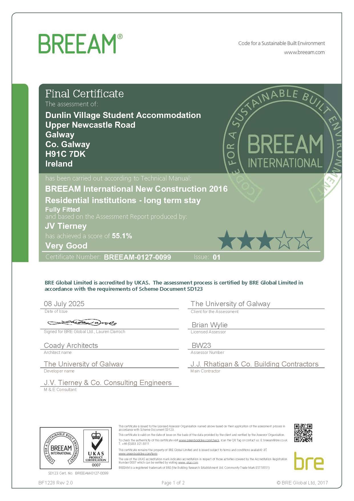 BREEAM Certificate for Dublin Village Student Accommodation - Very good score