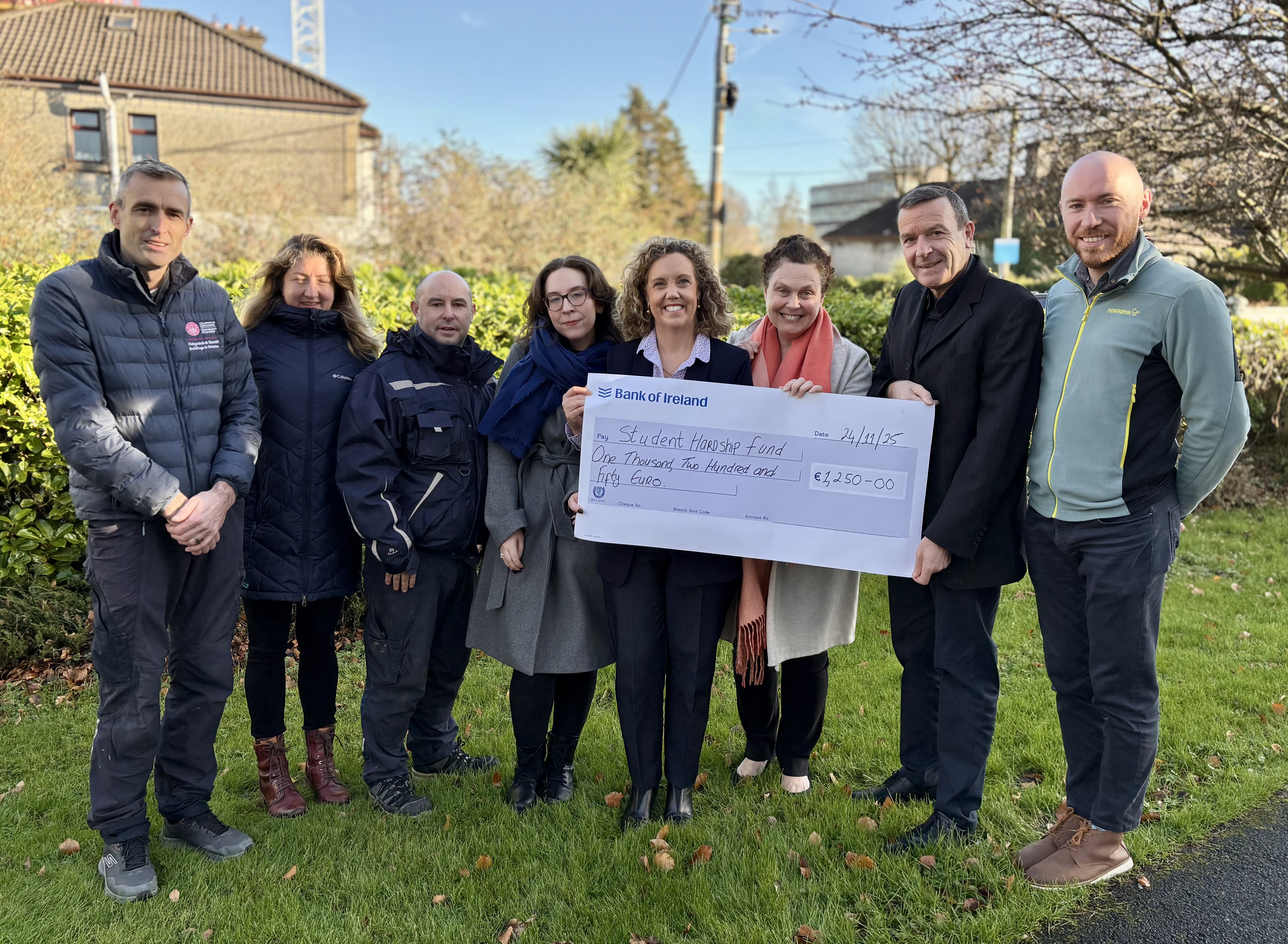 Buildings and Estates Staff Wellness Group presenting a €1,250 cheque to the University of Galway Chaplaincy and Interim Student Support Manager in support of the Student Hardship Fund.