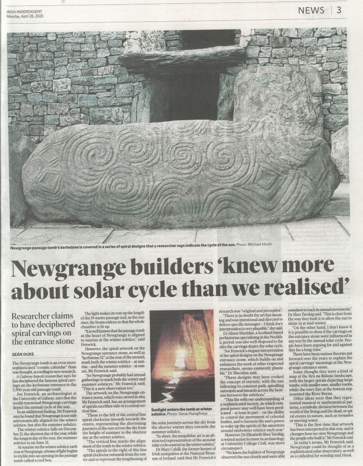 An article on new findings in relation to Newgrange passage tomb and megalithic art, Irish Independent, Monday, 27 April, 2025
