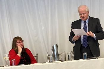 Dr Kelly Fitzgerald, Folklore, UCD, and Shane Lynskey, President of the County Roscommon Historical and Archaeological Society, Royal Society of Antiquaries of Ireland Explorers' Excursion, Summer, 5 July 2023.