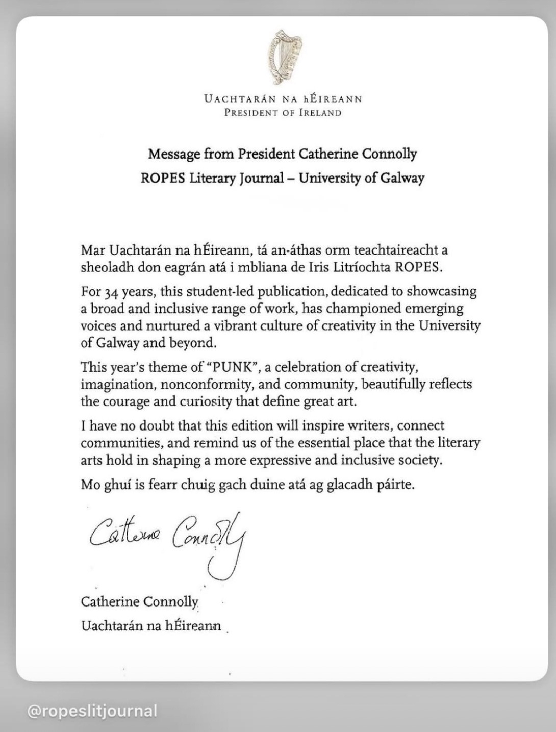 Letter from the President of Ireland to the ROPES publishing team