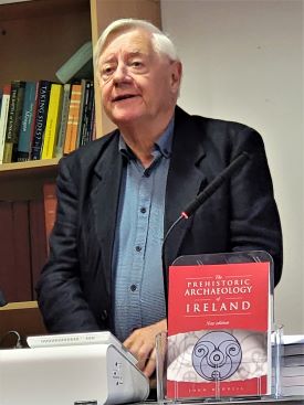 Professor John Waddell at the launch of his new edition of 'The Prehistoric Archaeology of Ireland' on Friday 15 September, 2023, in the Moore Institute, College of Arts, Social Science and Celtic Studies. 