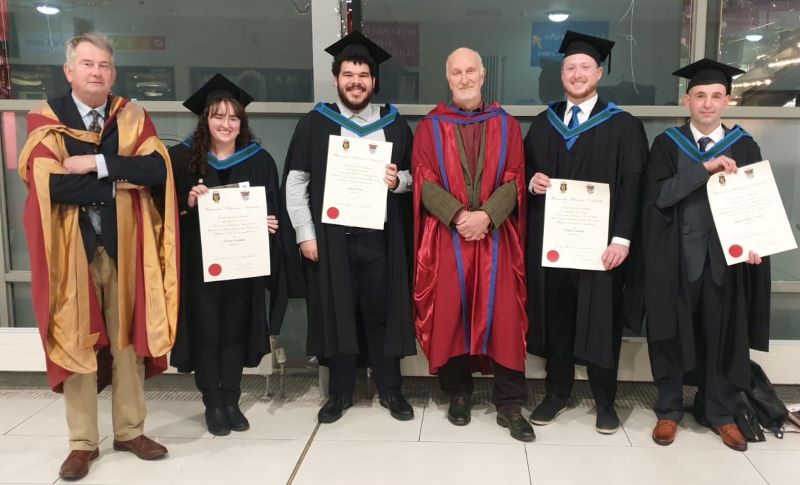 MA in Landscape Archaeology - graduations 29 November 2022
(L –R): Dr Kieran O’Conor, Marissa Honeyman MA, Cameron Feiler MA, Dr Stefan Bergh, Joseph Normandy MA & Francis O’Connor (Adriano Odello MA and Caroline O’Hanlon absent).