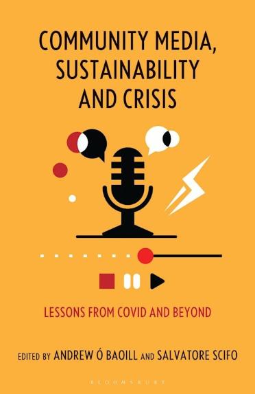 A yellow book cover with red, white and black imagery of sound coming from an old-fashioned microphone