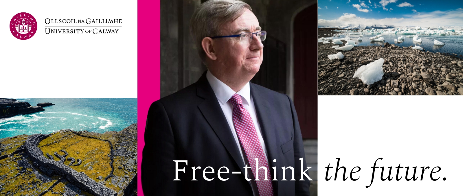 Hero image promoting the variety of content produced in the content unit, featuring images of ice caps, ancient forts and the president of University of Galway.