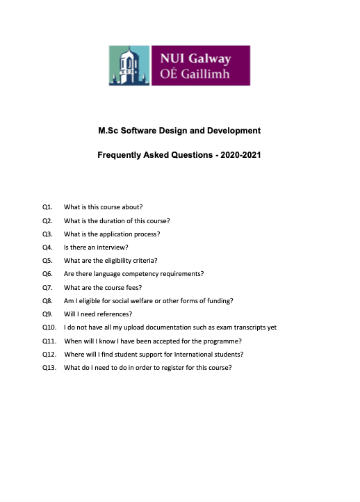 M.Sc Software Design and Development FAQ 2020-2021