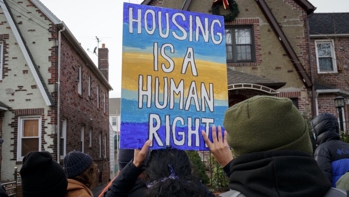 People gather to protest evictions in New York City on Jan. 11, 2021. © Anna Watts/NYTimes/Redux