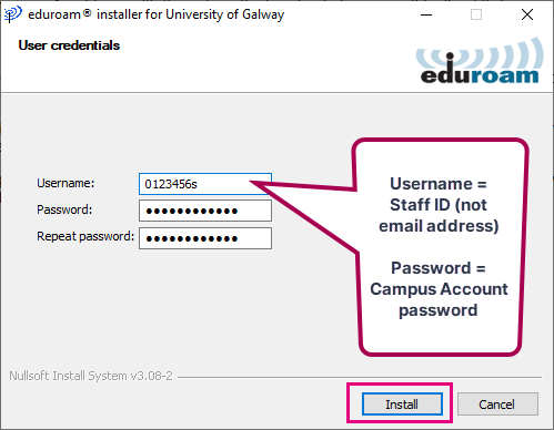 A dialog box prompting for a username and password for Eduroam
