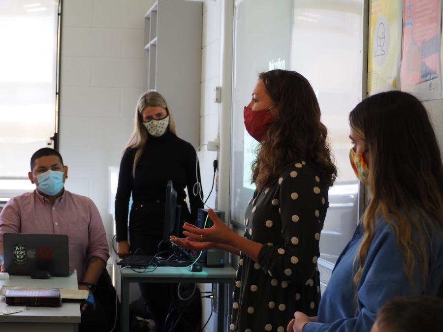 NUI Galway students Tomás Carlos Biggins, Helen McDonagh, Jessica Howard and Emily O'Reilly teaching at Coláiste na Coiribe, Knocknacarra, Co Galway in May 2021 (Photo credit: Sijia Shen) 
