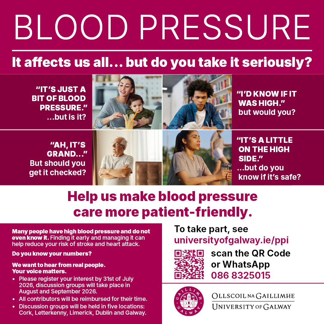 Recruitment poster for a University of Galway study on improving blood pressure care. It uses photographs of diverse adults and messages challenging common misconceptions about high blood pressure, inviting the public to join discussion groups to help make care more patient-friendly. Includes a QR code, contact details 0868325015, and University of Galway logo