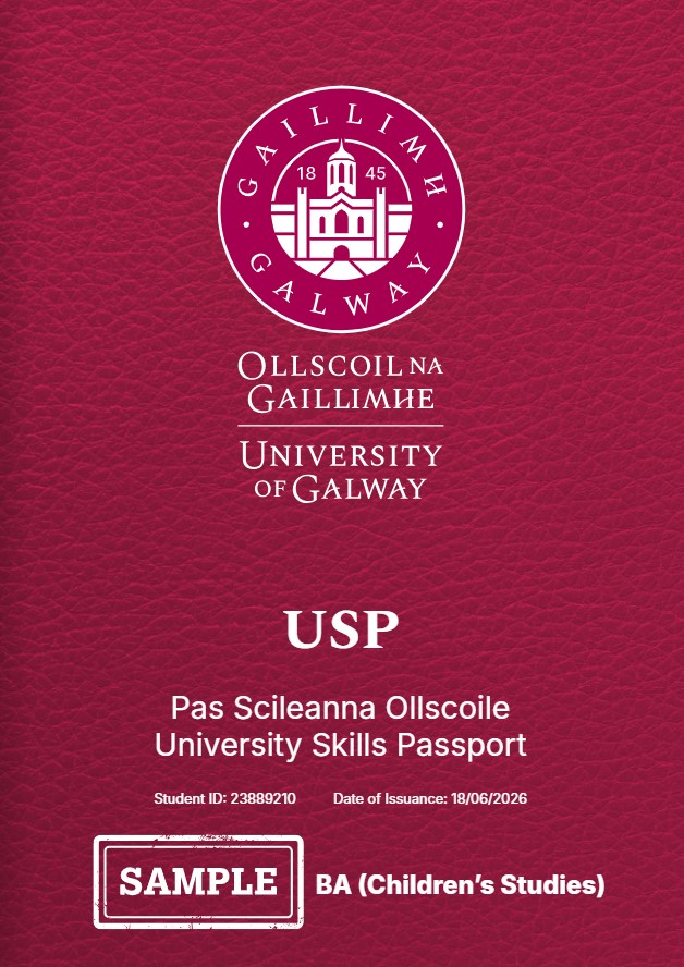 An image of the front page of a USP document with University of Galway logo, students name and ID number on it with USP in large print. and BA Childrens Studies on it, colour is maroon