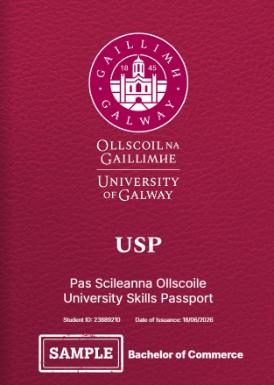 An image of the front page of a USP document with University of Galway logo, students name and ID number on it with USP in large print and Bachelor of Commerce on it, colour is maroon