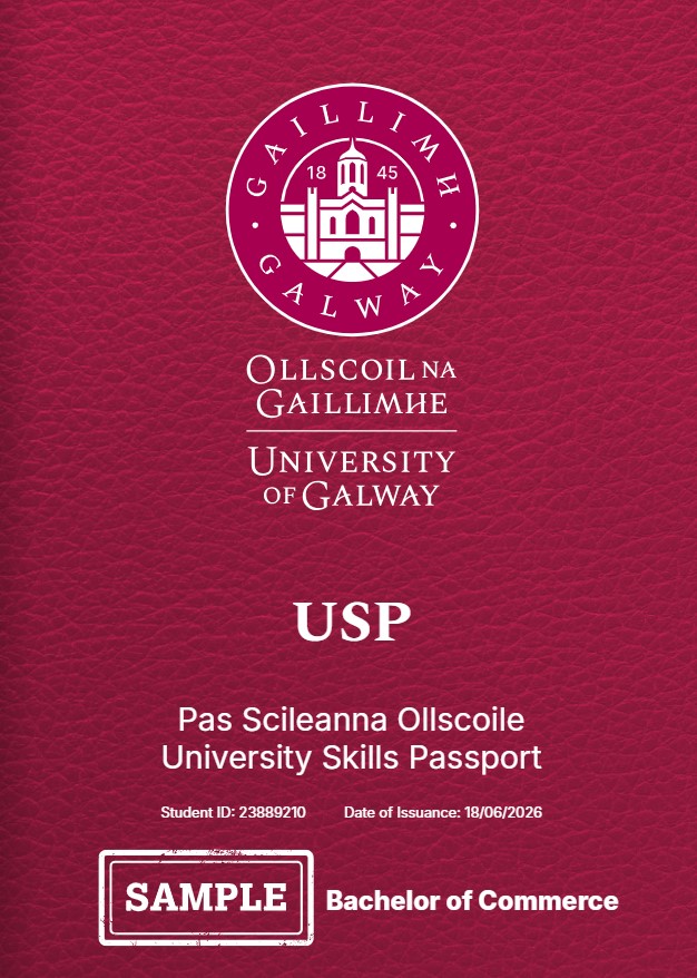 An image of the front page of a USP document with University of Galway logo, students name and ID number on it with USP in large print and Bachelor of Commerce on it, colour is maroon