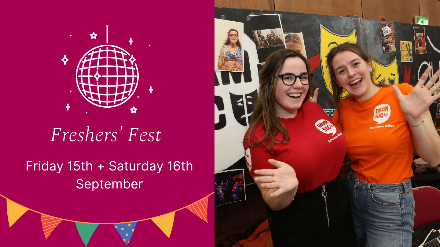Freshers' Fest 2023 banner image of 2 students smiling and waving