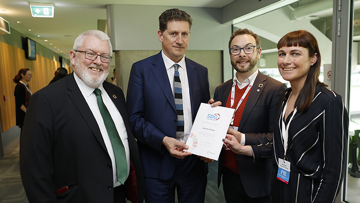 Professor Pól Ó Dochartaigh, Deputy President and Registrar, Dr John Caulfield, Director of Strategy Implementation, and Michelle O’Dowd Lohan, Community and University Sustainability Officer, represented University of Galway at the National Sustainability Stakeholders Forum, where the University was awarded SDG Champion status 