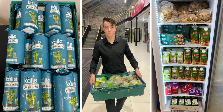 A panel of three images. The panel to the left shows a basket full of pre-packaged rice cakes; the middle panel shows Adam Mullins, founder of the Student Pantry, holding a basket of leftover food collected from supermarkets; the panel to the right shows a freezer of 6 shelves filled with food.