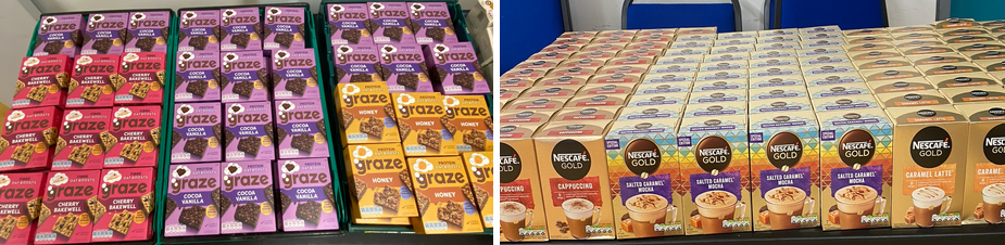 A panel of two images. The left panel shows a display of 3 boxes containing 15 boxes of cereal bars each. The right panel shows a large selection of instant coffee packets.
