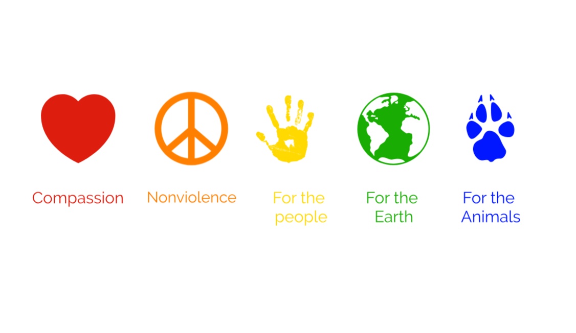 reads: compassion, nonviolence, for the people, for the Earth, for the animals.
