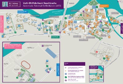 map of locations of defibrillators and water fountains on campus