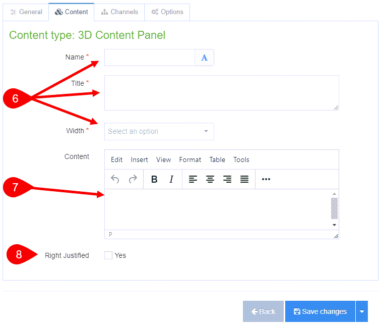 Content Type 3D Content Panel Content tab with fields highlighted