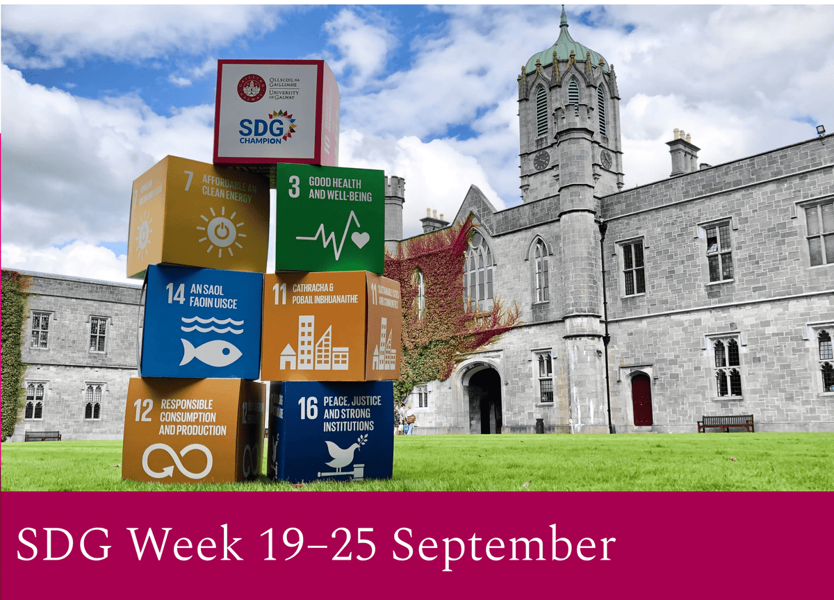 University of Galway SDG-themed cubes stacked on Quadrangle lawn, with Quadrangle building