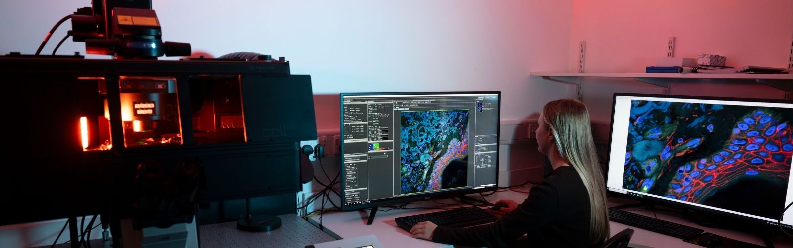 An image of a microscope and a screen containing and image of a colourful sample