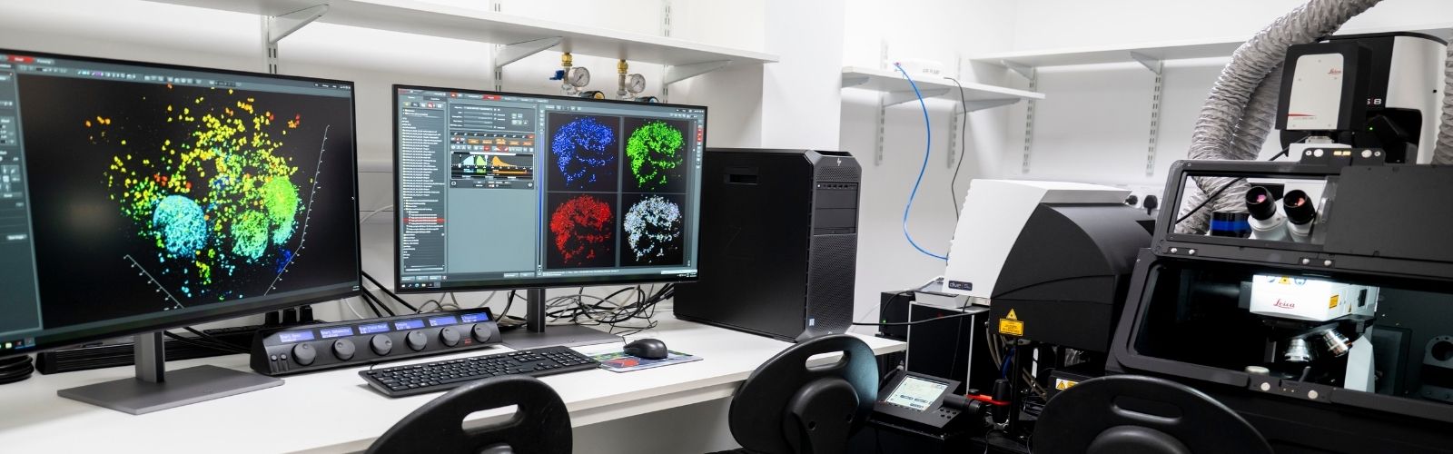 An image of a microscope with colourful images